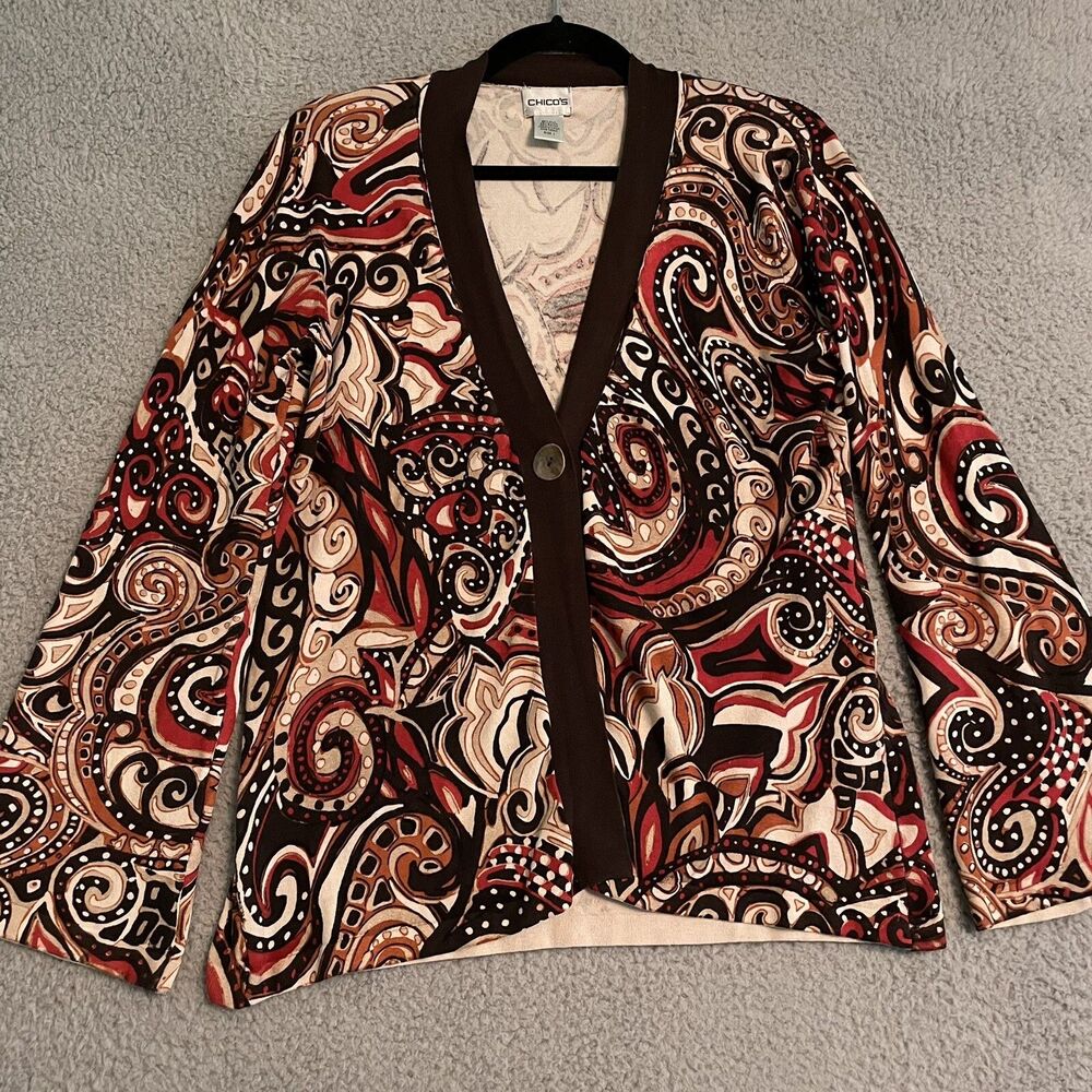 Chico's Womens 1 Medium Cardigan Brown Red Paisley Long Sleeve One Button Silk